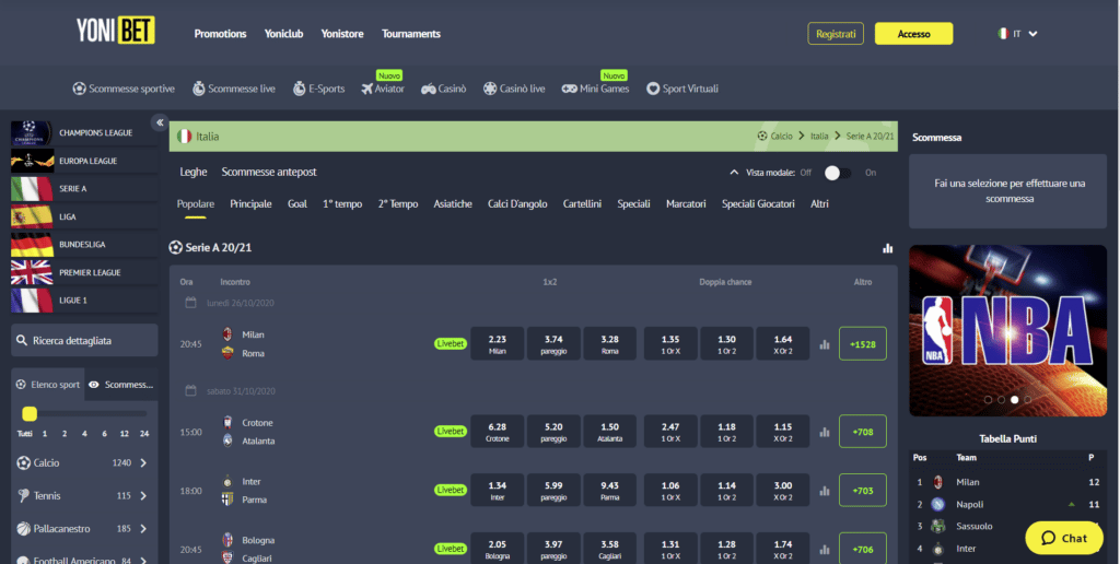 Palinsesto Yonibet scommesse