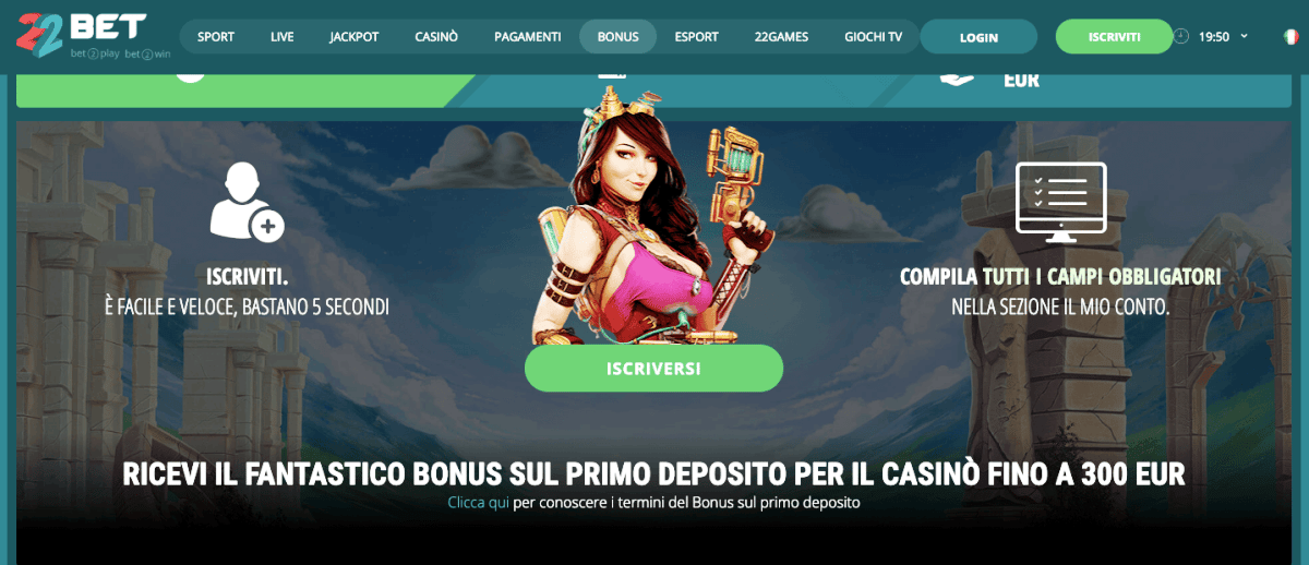 bonus benvenuto 22bet Casinò