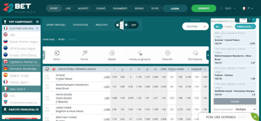 I bonus su 22bet bookmaker non aams Schedina online 22Bet