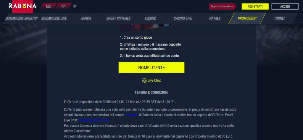 Telegram Bonus Rabona scommesse