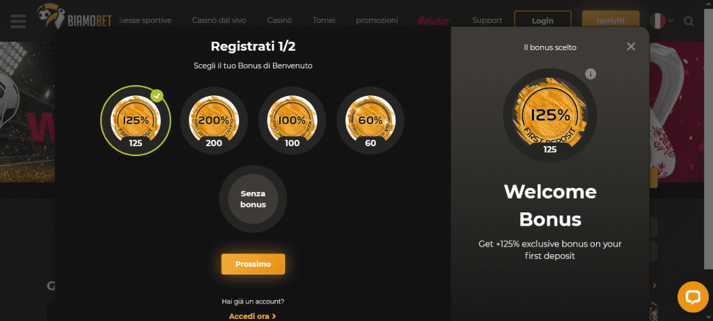 Bonus benvenuto BiamoBet Casinò online